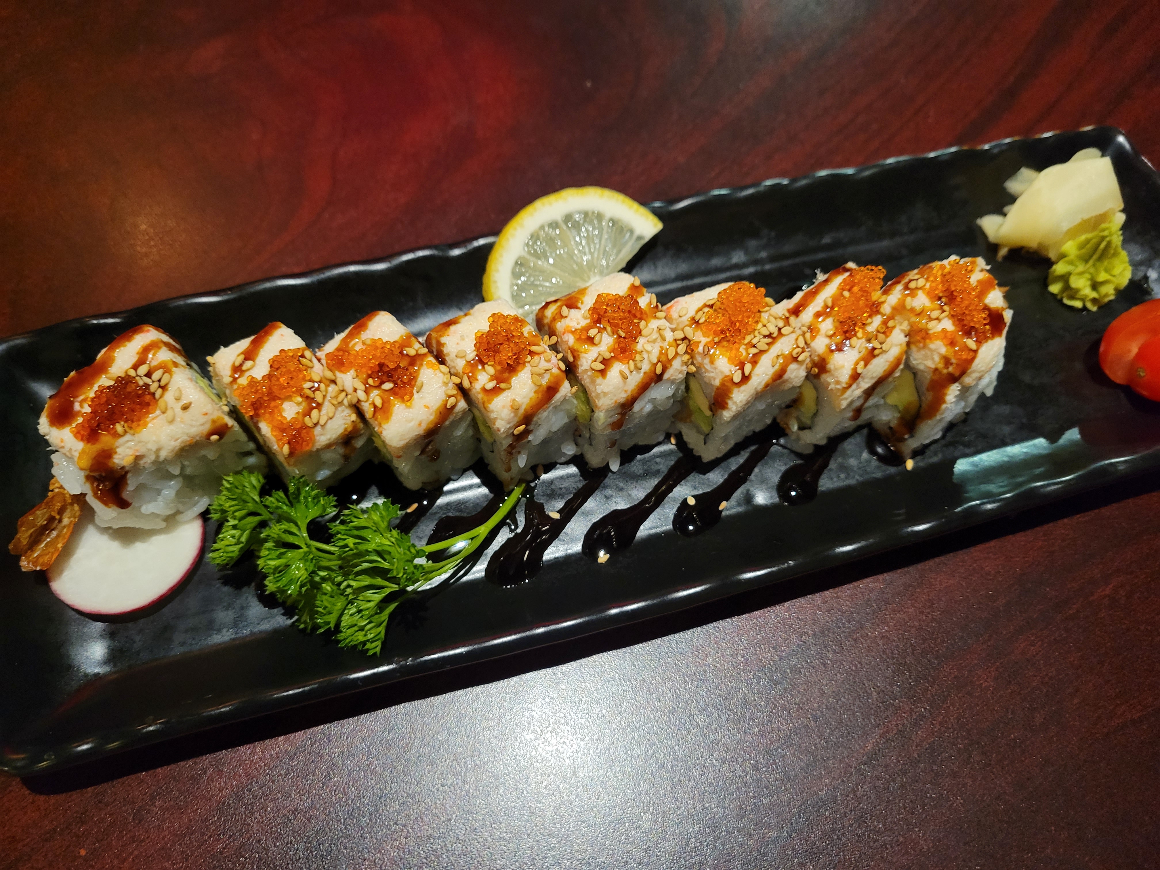 Order White Tiger Roll  ( with Real Crab ) food online from Tsui Sushi Bar store, Seattle on bringmethat.com