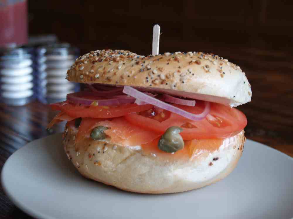 Order Bagel with Salmon Cream Cheese, Capers, Onions and Tomatoes food online from Your Way Cafe store, Brooklyn on bringmethat.com