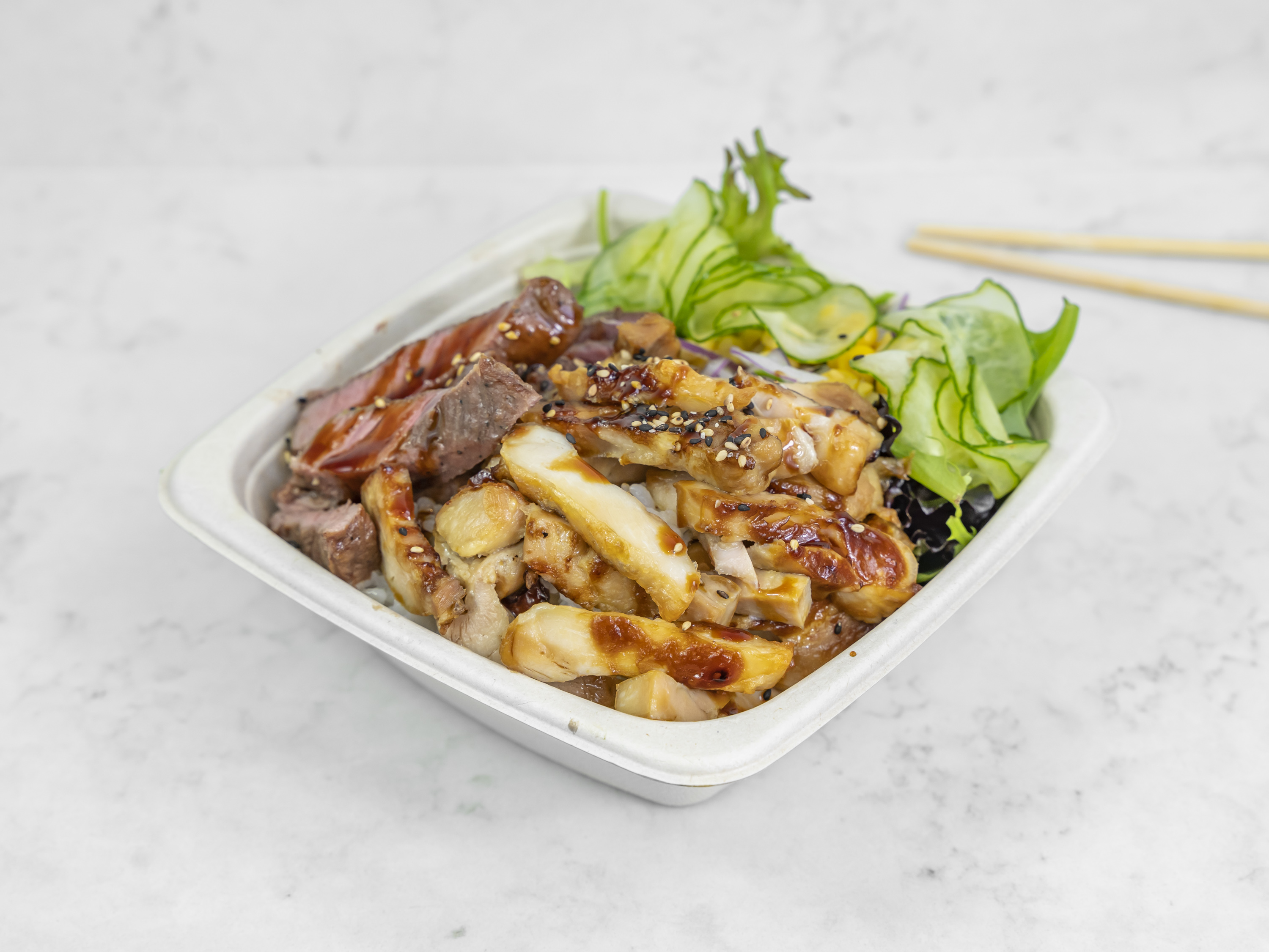 Order 10. Beef & Chicken Teriyaki Rice Bowl food online from Ea Cafe store, San Francisco on bringmethat.com