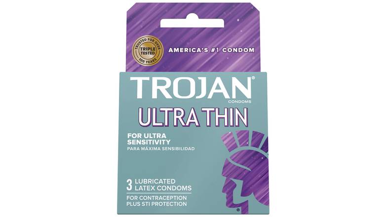 Order Trojan Ultra Thin Lubricated Condoms, 3 Count food online from Aldan Sunoco store, Aldan on bringmethat.com