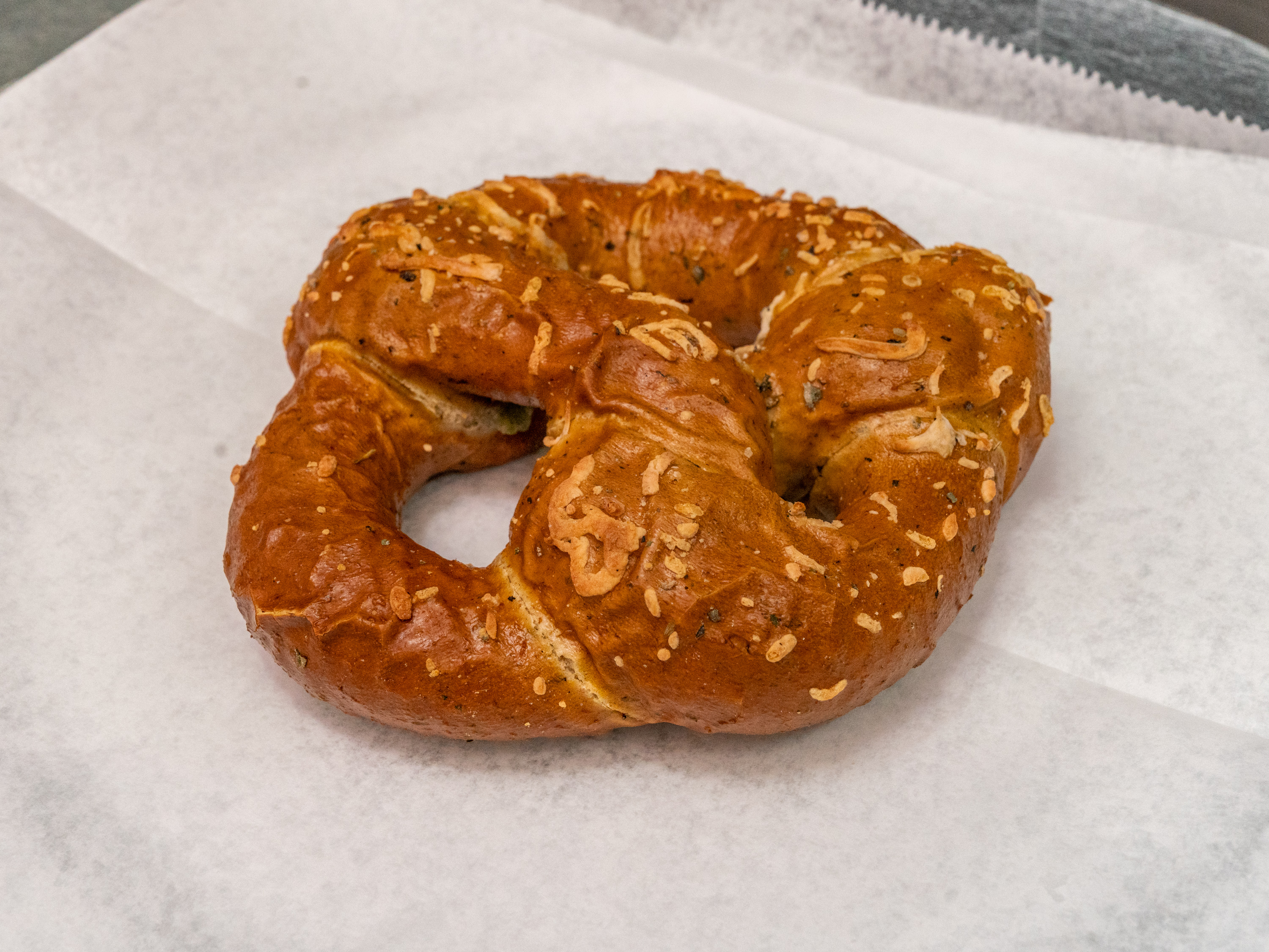Order Spinach and feta stuffed pretzel  food online from Chez Michael French Market store, Avon on bringmethat.com