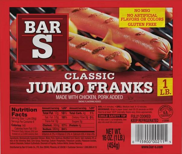 Order Bar-S Classic Jumbo Franks Hot Dogs, 8 Franks Per Package, 1 Pound Pack food online from Windy City Liquor Market store, El Cajon on bringmethat.com