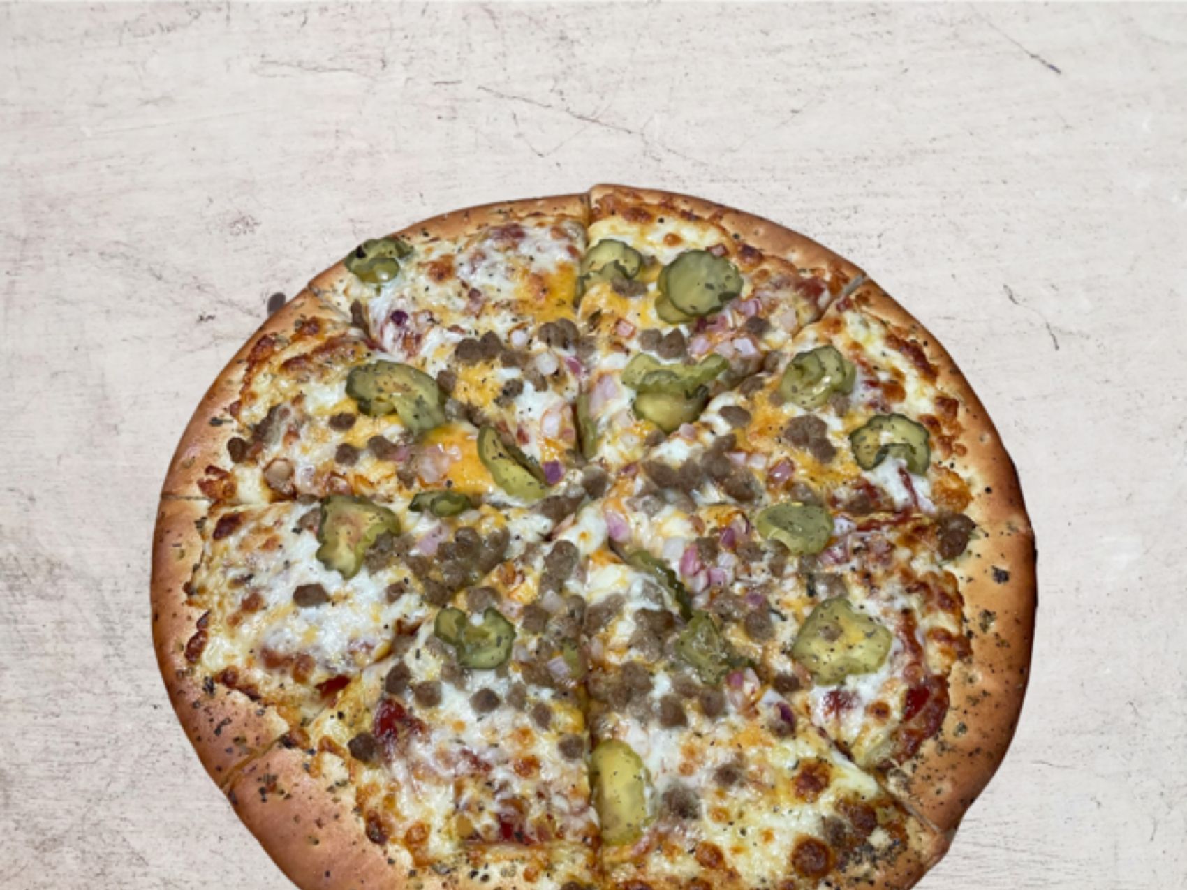 Order Cheeseburger Pizza* food online from The Slice Pizzeria store, San Antonio on bringmethat.com
