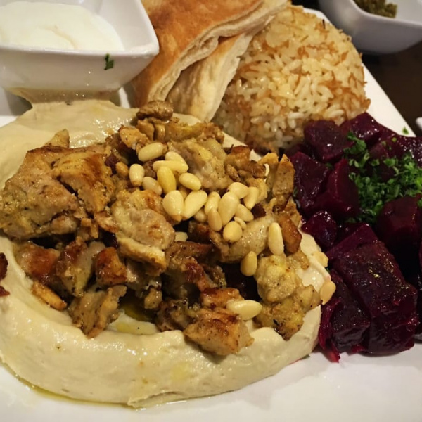 Order Hummus with Chicken Shawarma Entree food online from D’Vine store, Corona on bringmethat.com