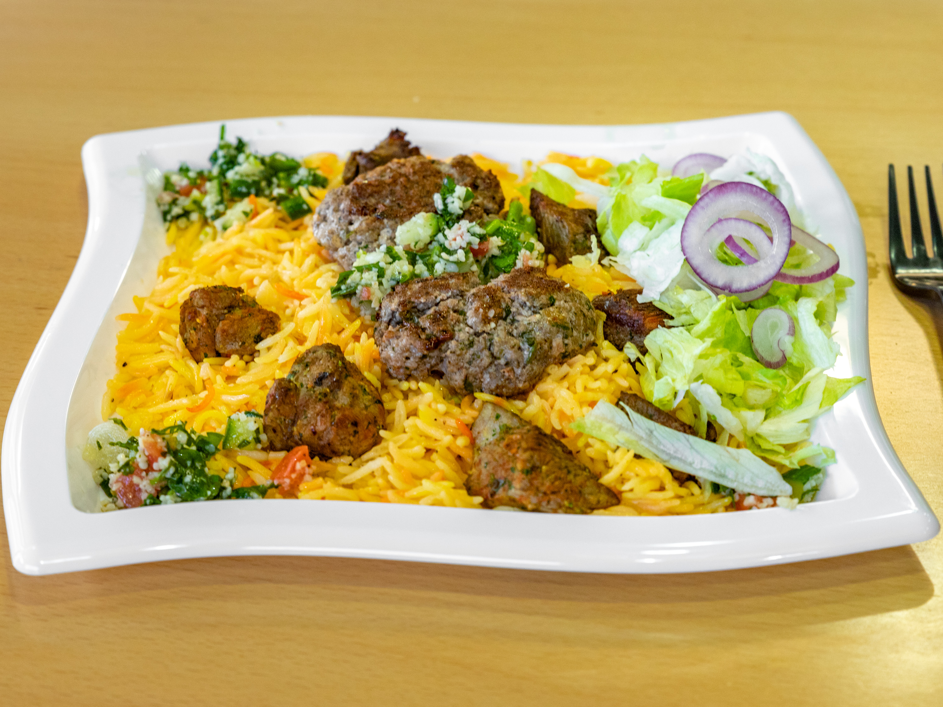 Order Lamb Kababs Over Rice food online from The Green Deli store, Waterbury on bringmethat.com