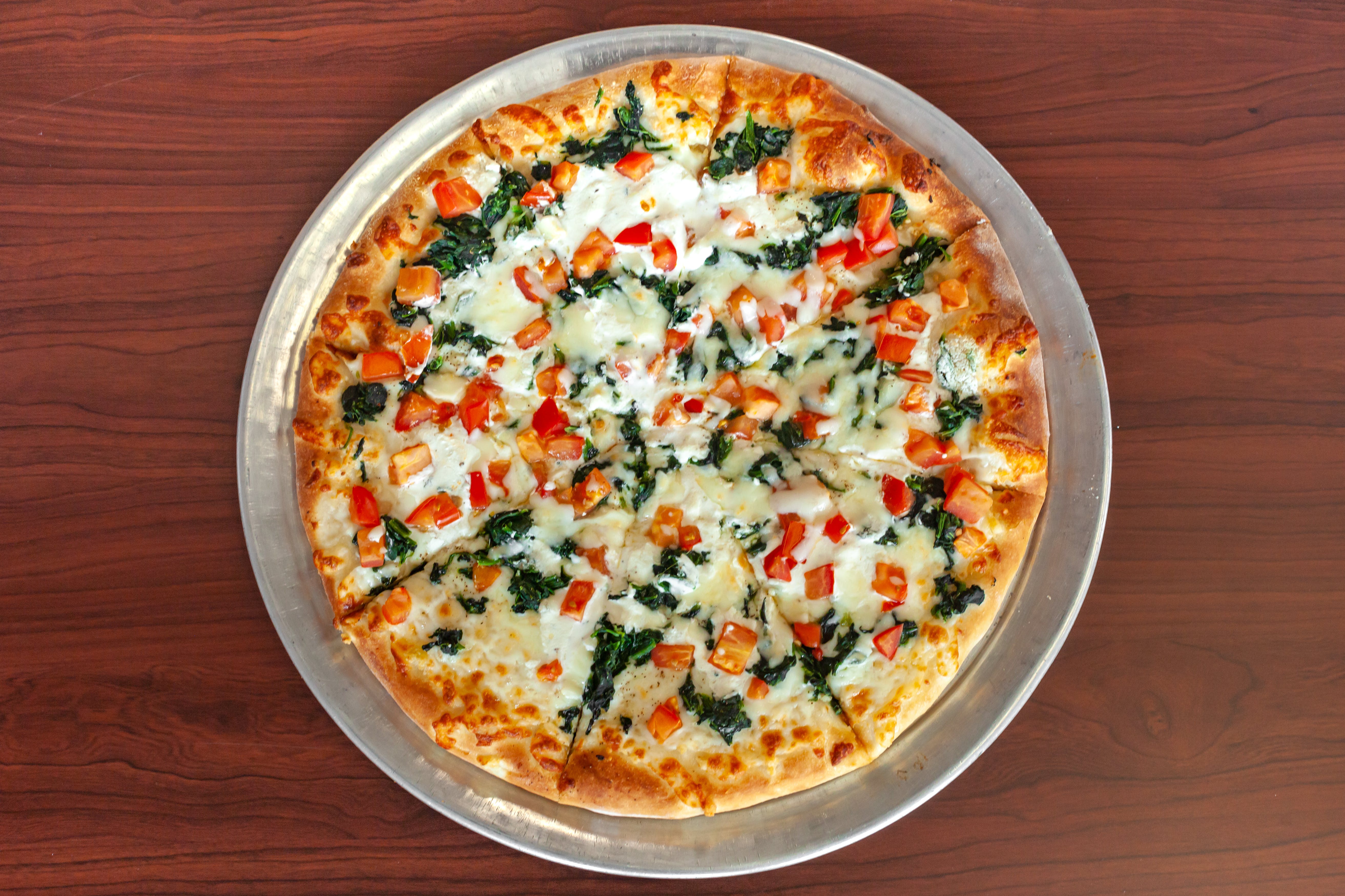 Order Gourmet Spinach Pizza - Small 12" (8 Slices) food online from Apollos Pizza store, Richmond on bringmethat.com