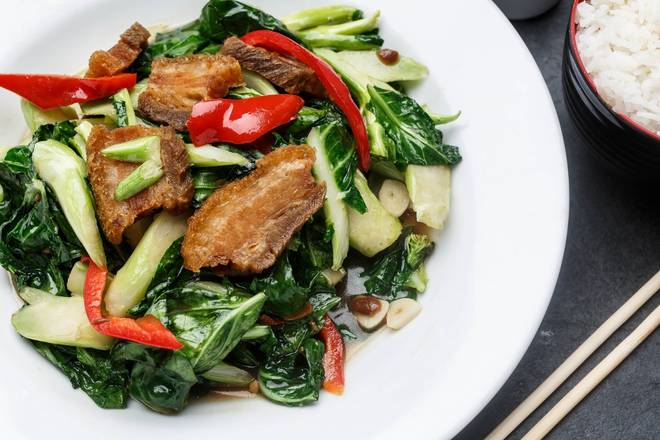 Order Crispy Pork & Chinese Broccoli food online from SukhoThai on Royal St. store, New Orleans on bringmethat.com