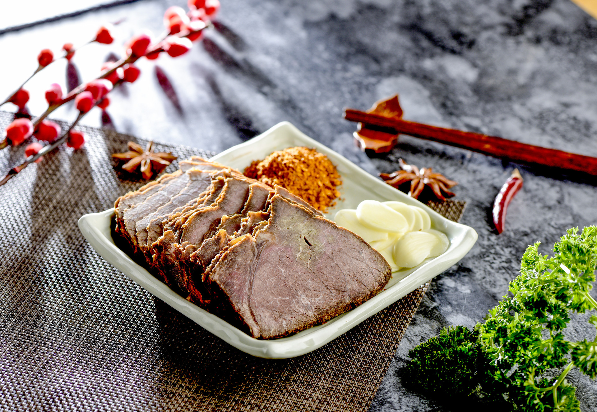 Order Spiced Beef Slices (cold dish) 五香牛肉 food online from DJ Kitchen store, Philadelphia on bringmethat.com