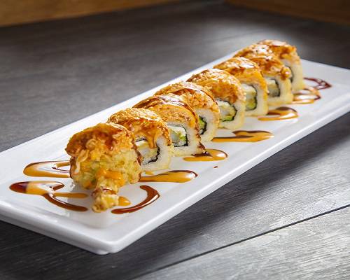 Order Golden Tiger Roll – Deep Fried Roll food online from Sushi Factory store, Azusa on bringmethat.com