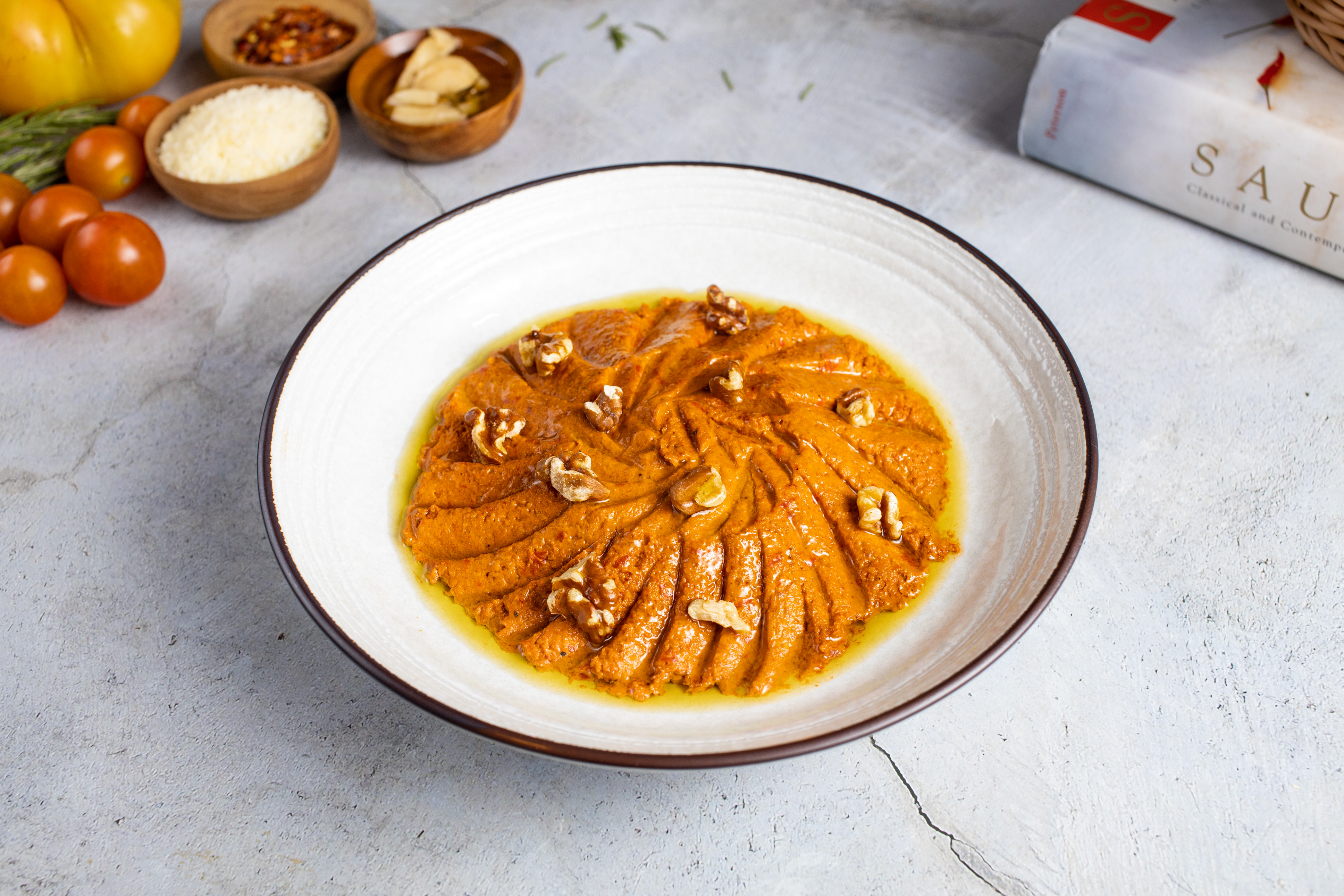 Order Roasted Red Bell Pepper and Walnut Dip (Muhummara) food online from Za'atar store, San Francisco on bringmethat.com