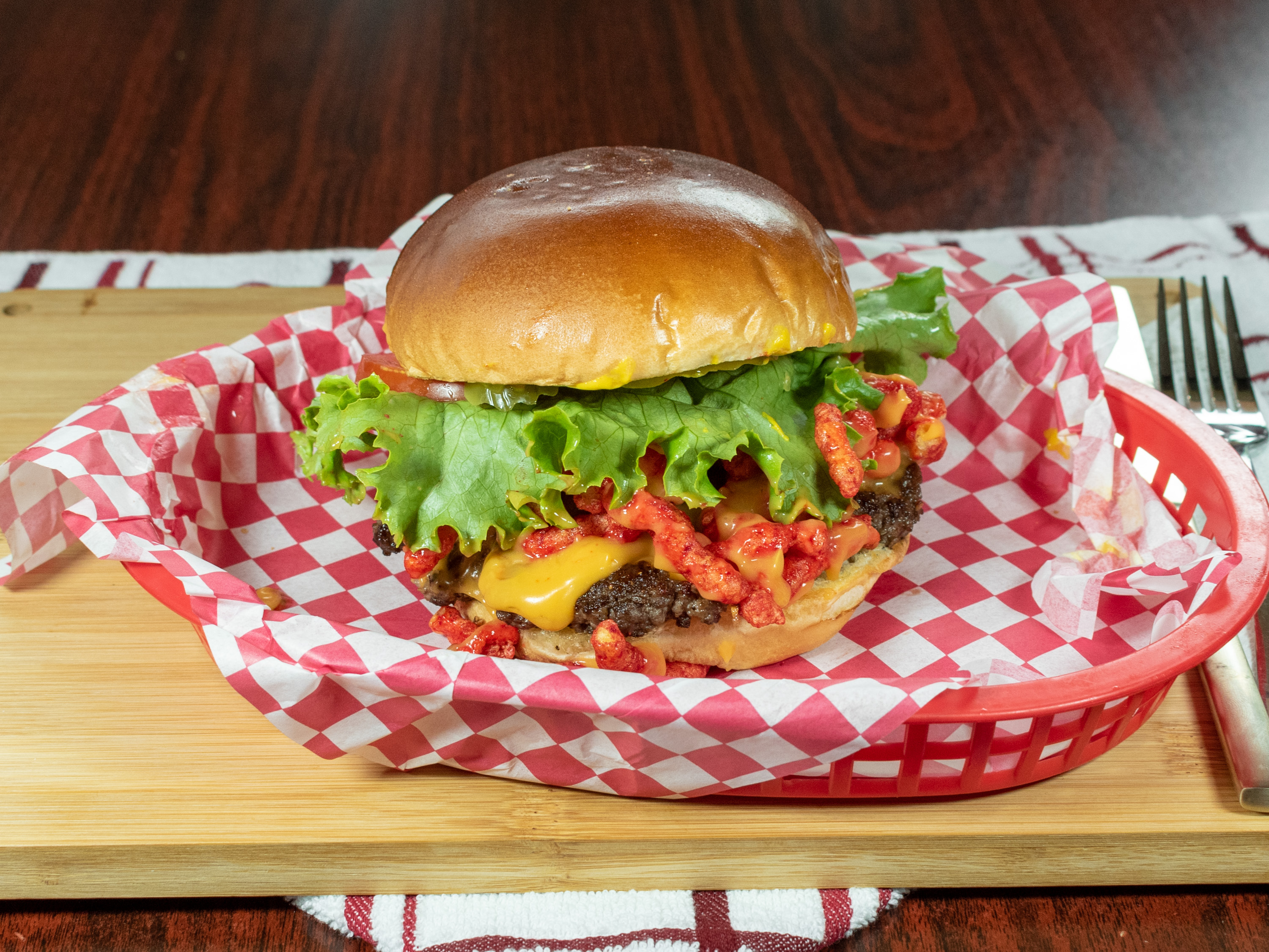 Order Hot Cheeto Burger food online from Bustas Burgers store, Crosby on bringmethat.com