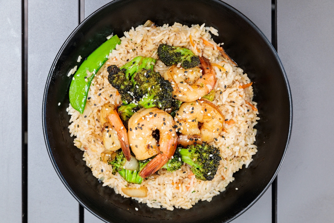 Order Shrimp & Broccoli Over House food online from Bomb Wings & Rice Bar store, Hamden on bringmethat.com