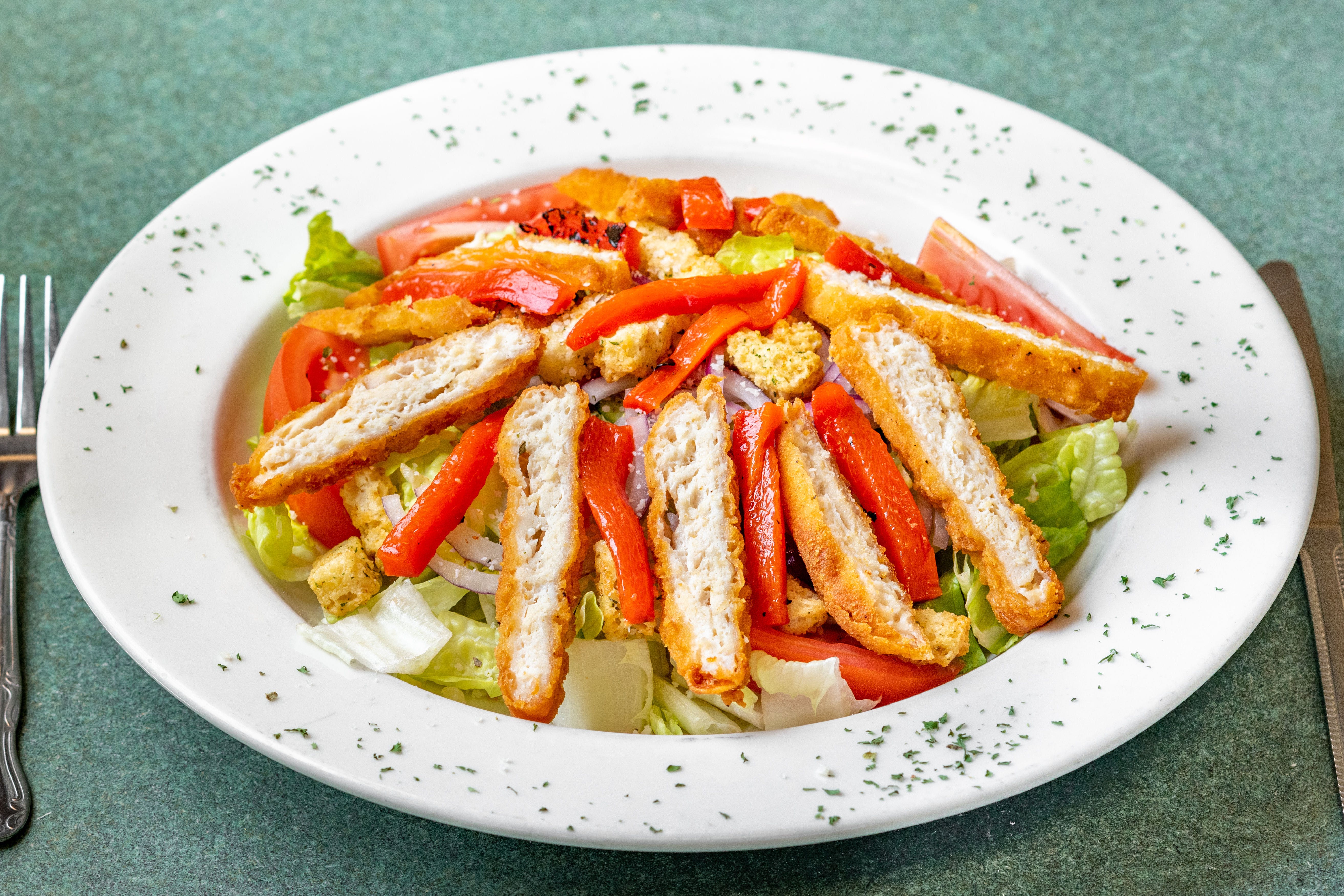 Order Crispy Chicken Salad - Small food online from Mama Cee Pizzeria store, Franklin on bringmethat.com