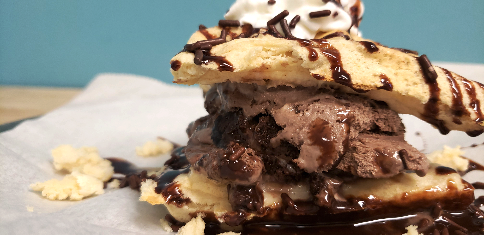 Order Funnel Cake Waffle Ice Cream Sandwich food online from Dreams Ice Cream Factory store, Glenside on bringmethat.com