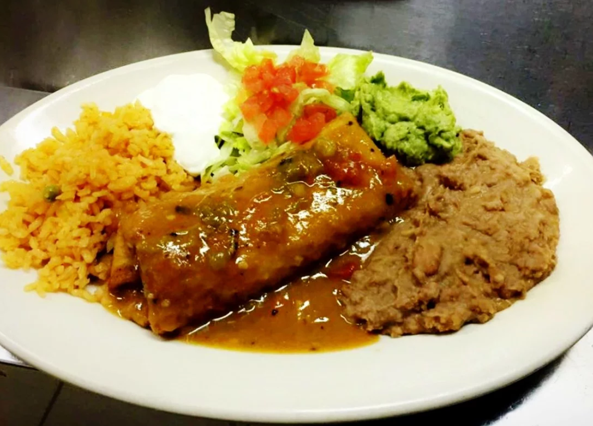 Order Beef Burrito Smothered with Green Chili food online from La Fuente store, Denver on bringmethat.com