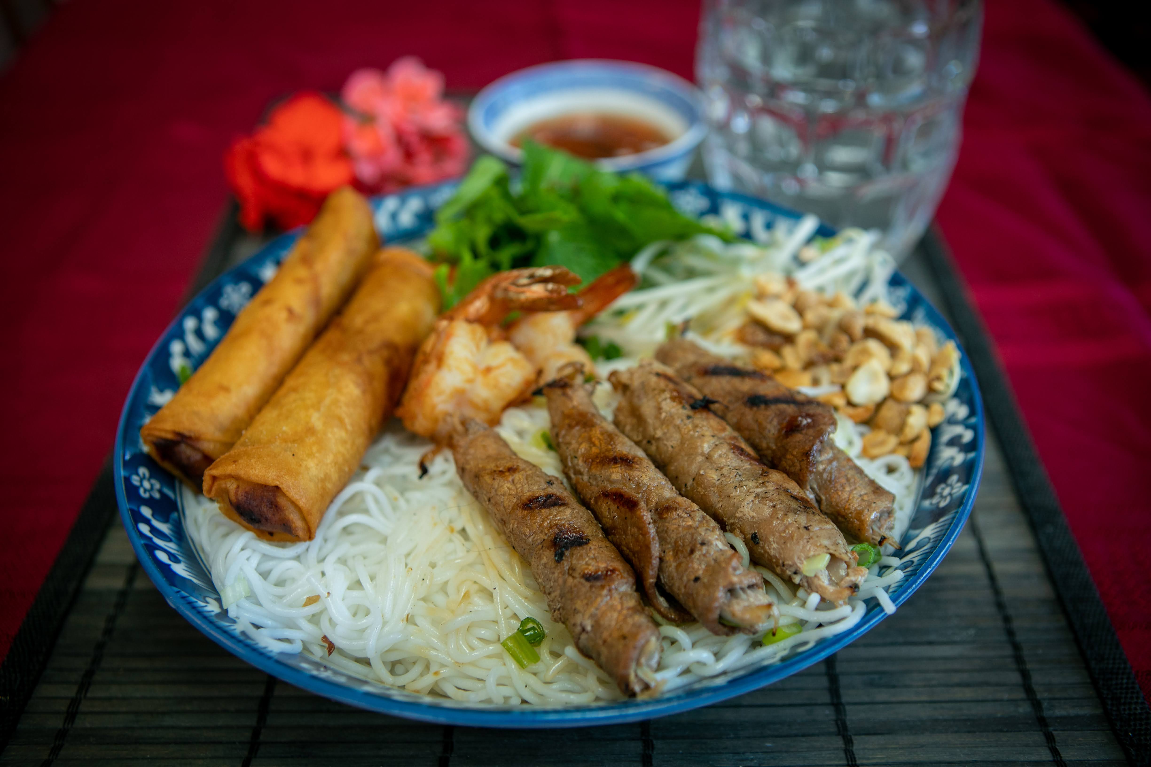 Order 29. Grilled Beef, Shrimp and Egg Rolls Vermicelli food online from Le Paradis store, hayward on bringmethat.com