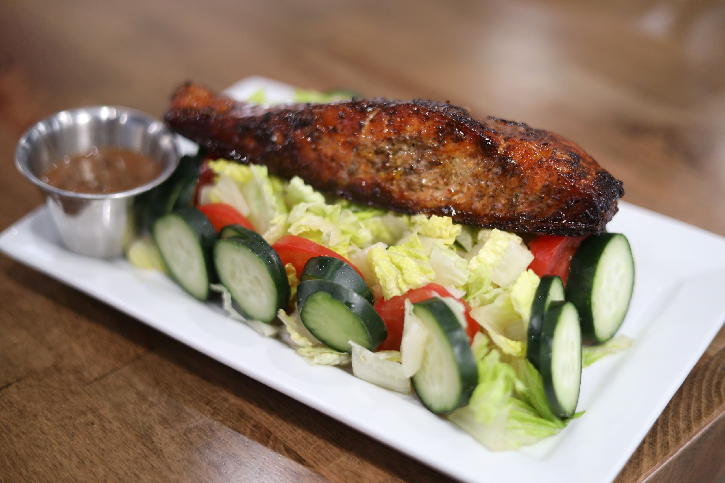 Order Blackened Salmon + Salad food online from Fusion Vibes Kitchen + Bar store, Richardson on bringmethat.com