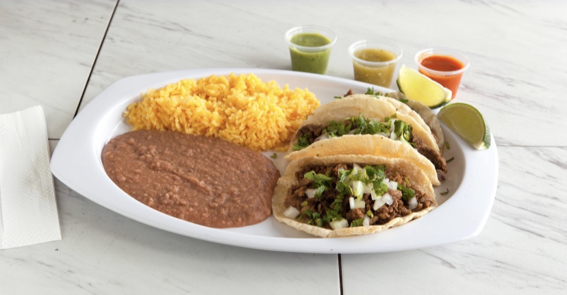 Order 3 Taco Plate With Rice & Beans  food online from La Papa Loca store, Gardena on bringmethat.com