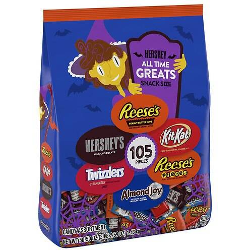 Order Hershey's Snack Size, Halloween, Reese's, Hershey's, Kit Kat, Almond Joy, XXL Bag Assorted Chocolate, Peanut Butter, Fruit Flavored - 50.59 oz food online from Walgreens store, League City on bringmethat.com