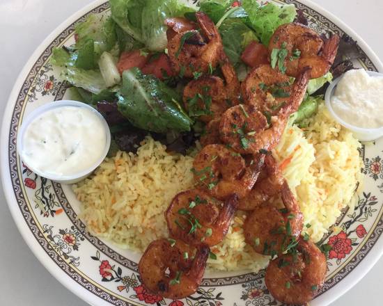 Order 15. Shrimp Kabobs Plate food online from Wally Cafe store, Rocklin on bringmethat.com