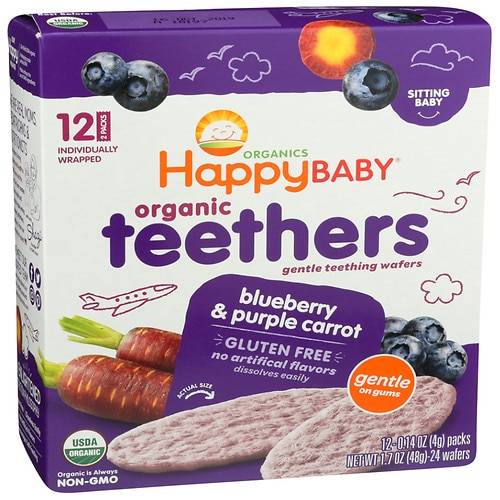 Order Happy Baby Gentle Teethers Organic Teething Wafers Blueberry & Purple Carrot - 0.14 oz x 12 pack food online from Walgreens store, FAIRBANKS on bringmethat.com