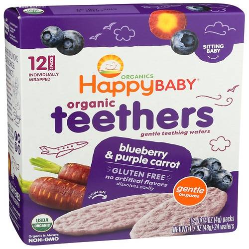 Order Happy Baby Gentle Teethers Organic Teething Wafers Blueberry & Purple Carrot - 0.14 oz x 12 pack food online from Walgreens store, Ewa Beach on bringmethat.com