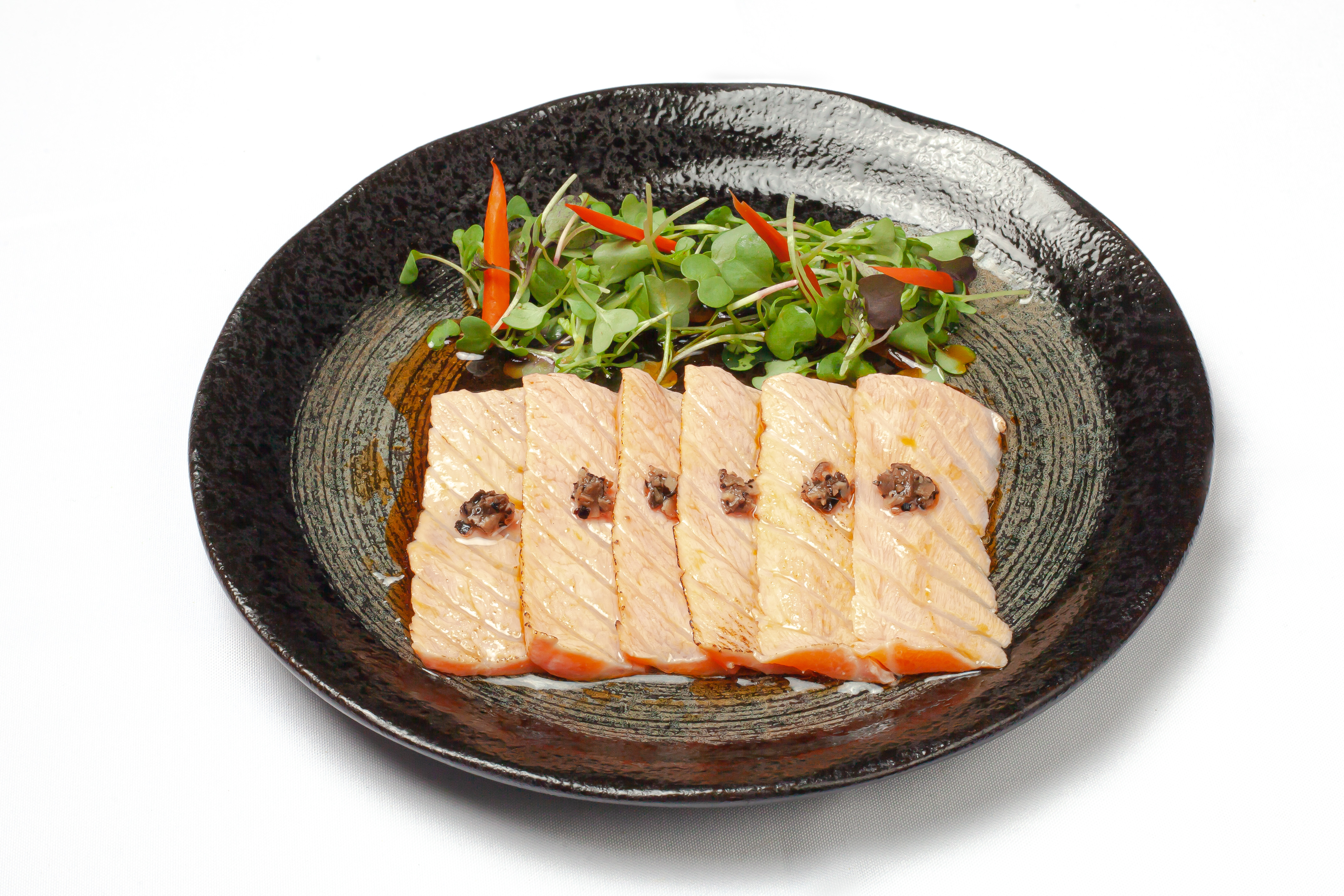 Order Seared Salmon Truffle Carpacio food online from The Backhouse store, Los Angeles on bringmethat.com