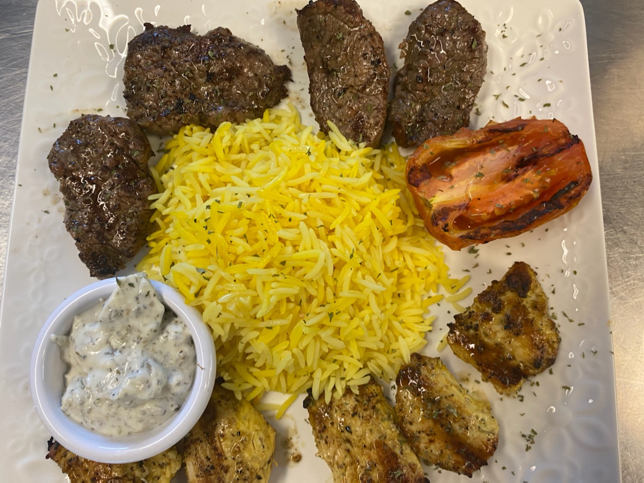 Order Beef and Chicken Souvlaki Combo Platter food online from Olives Mediterranean Grill store, Arlington on bringmethat.com