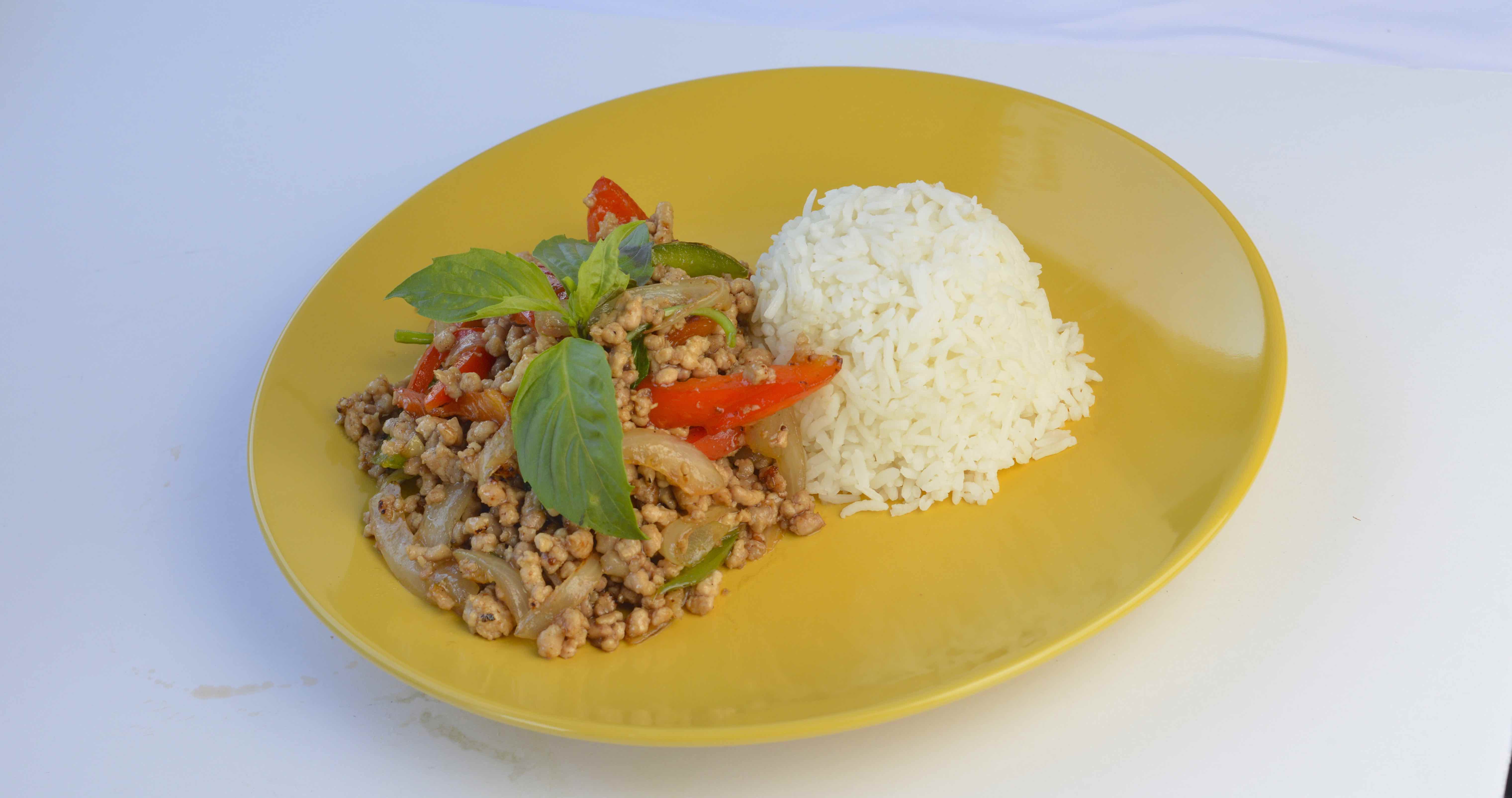 Order Gra-Pow Dinner food online from Thai Cafe store, Lynn on bringmethat.com
