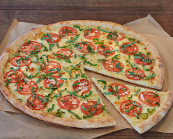 Order Tomato Basil Garlic White Pie food online from Flippin' Pizza store, Washington on bringmethat.com