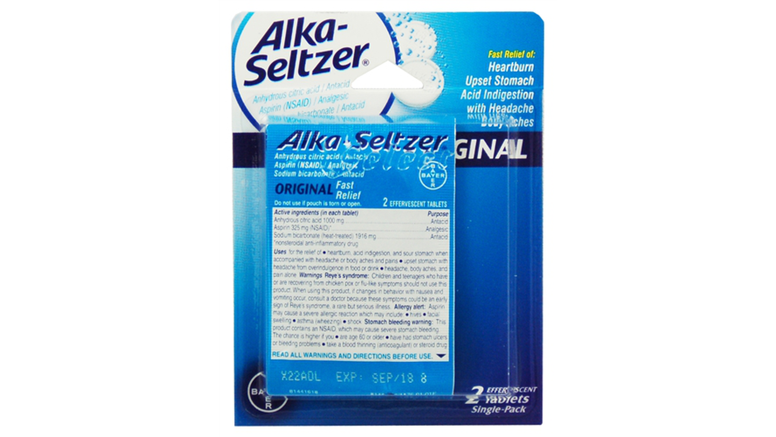 Order Alka Seltzer Original Single-Pack Blister - 2 Tablets food online from Lula Convenience Store store, Evesham on bringmethat.com