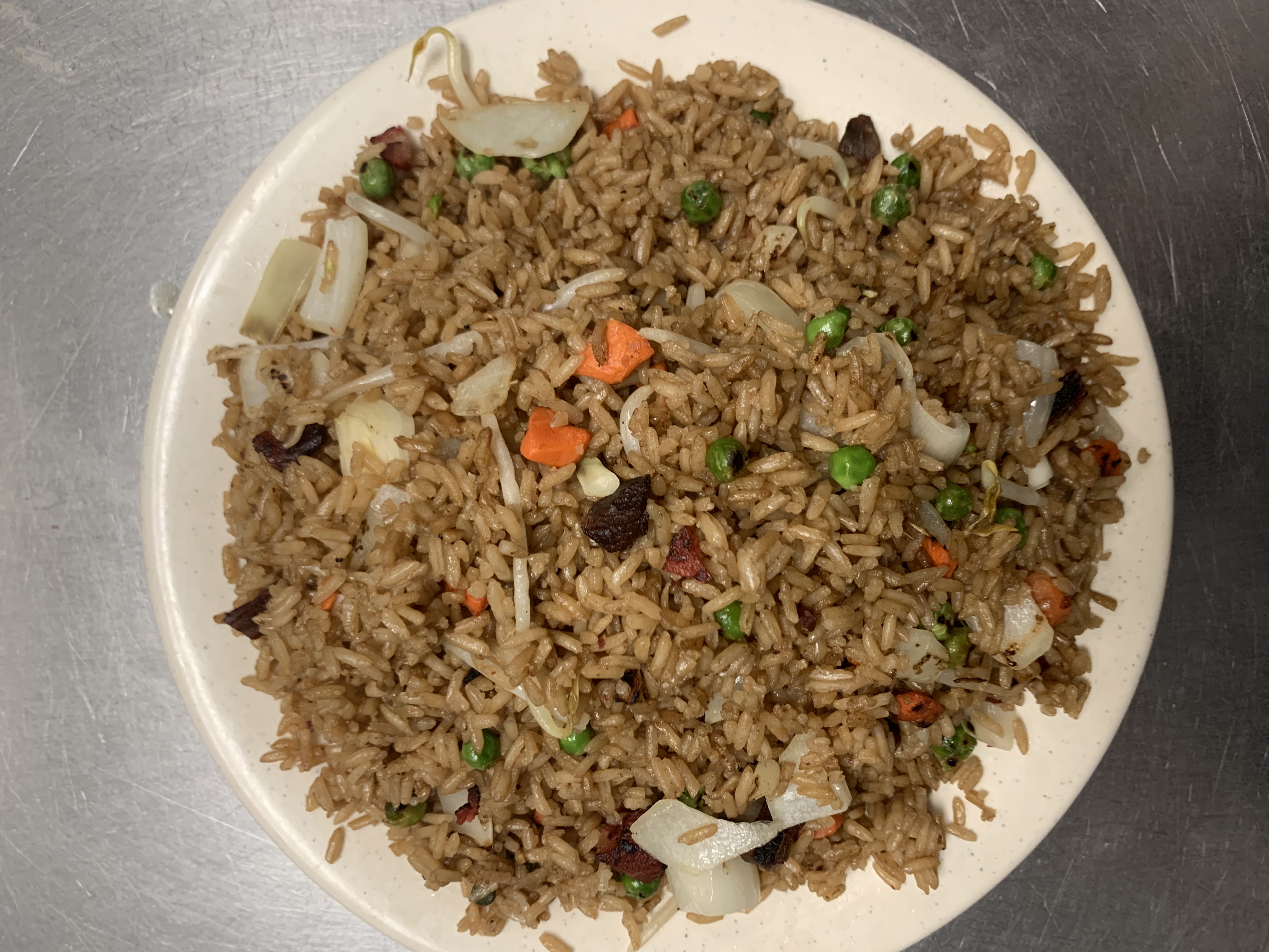 Order 25. Roast Pork Fried Rice Large food online from China Buffet store, Methuen on bringmethat.com