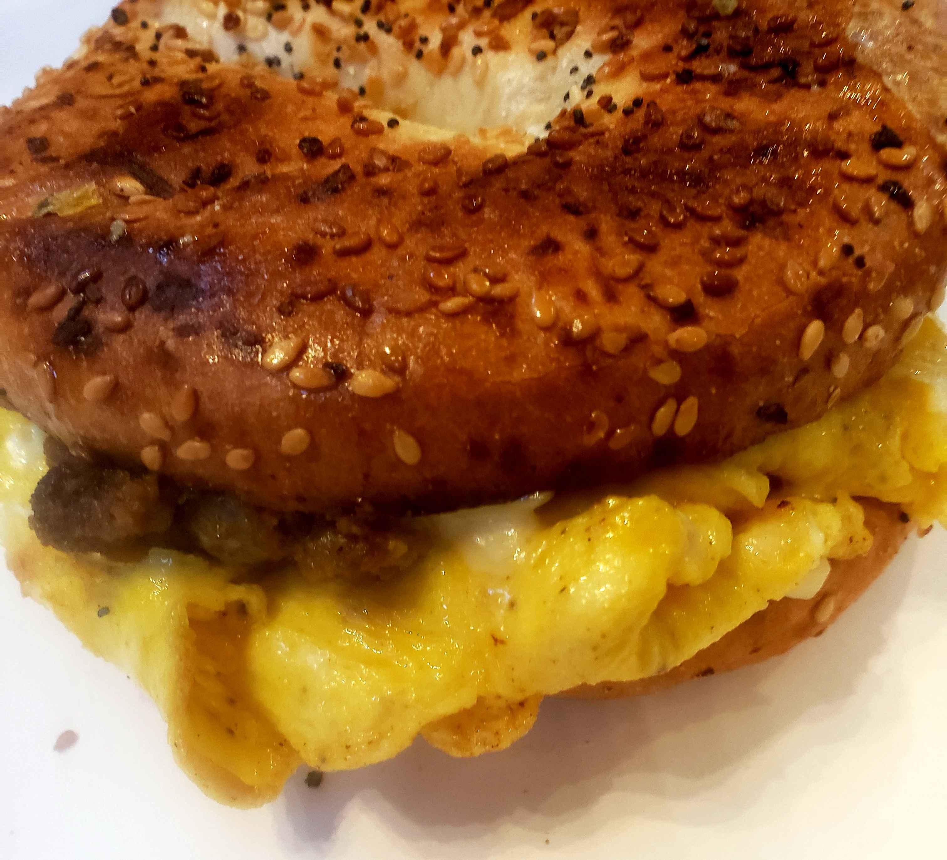 Order Sausage Egg and Cheese Bagel food online from Manakeesh Cafe Bakery store, Philadelphia on bringmethat.com