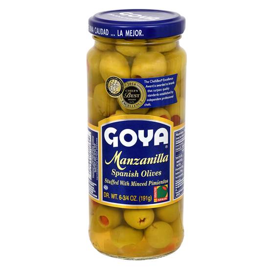 Order Goya Manzanilla Spanish Olives Stuffed With Minced Pimientos 6.75oz food online from Drinks At Your Door by Gopuff store, Santa Maria on bringmethat.com