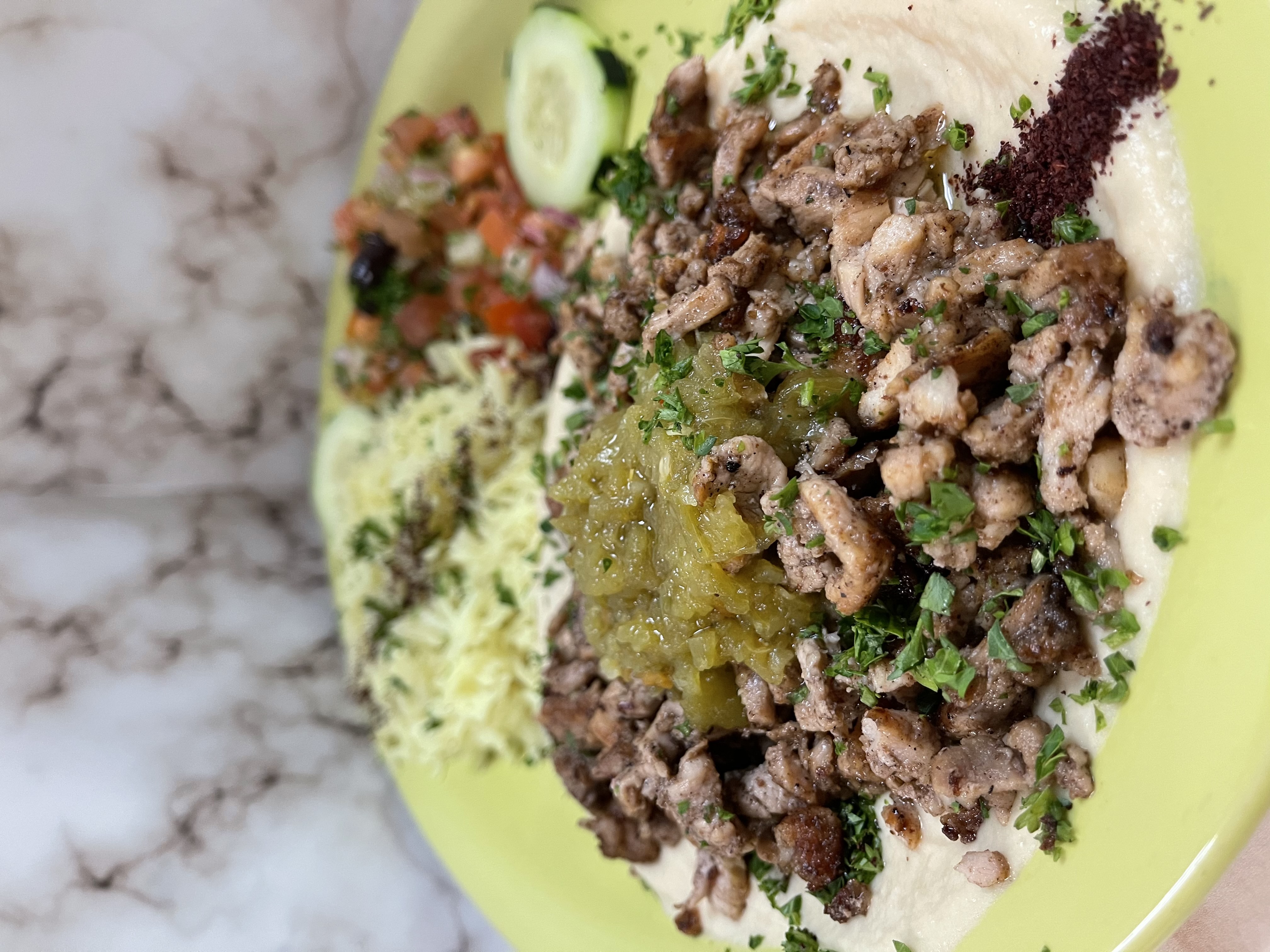 Order Hummus with Meat Shawarma food online from Yasmine Cafe store, Albuquerque on bringmethat.com