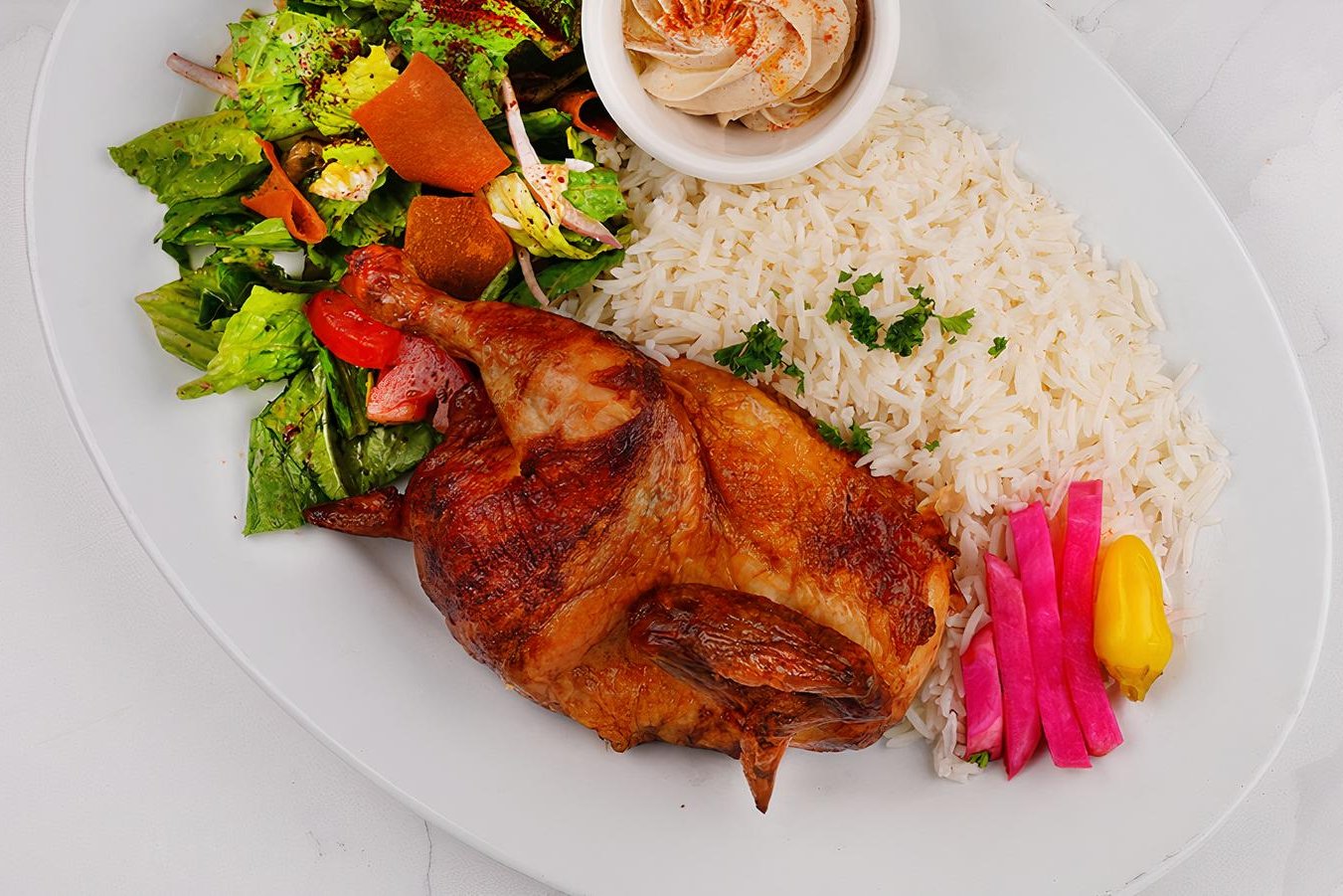 Order Rotisserie Chicken Plate(Half) food online from Tarme Mediterranean Grill store, Glendale on bringmethat.com