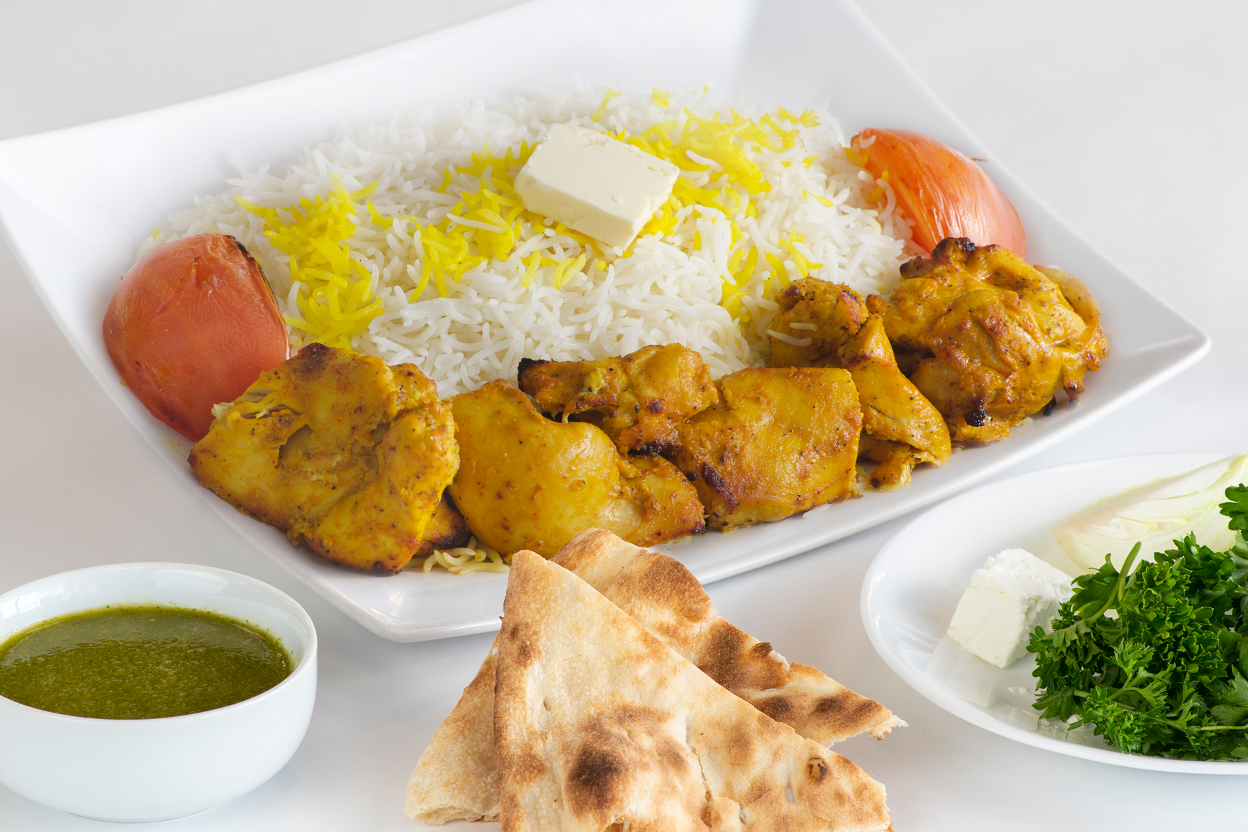 Order 5. Spicy Thigh Kabob food online from Saffron House Of Kabob store, Sterling on bringmethat.com