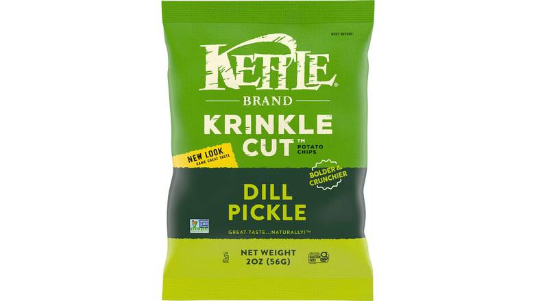 Order Kettle Brand Potato Chips Krinkle Cut Dill Pickle Kettle Chips food online from Trumbull Mobil store, Trumbull on bringmethat.com