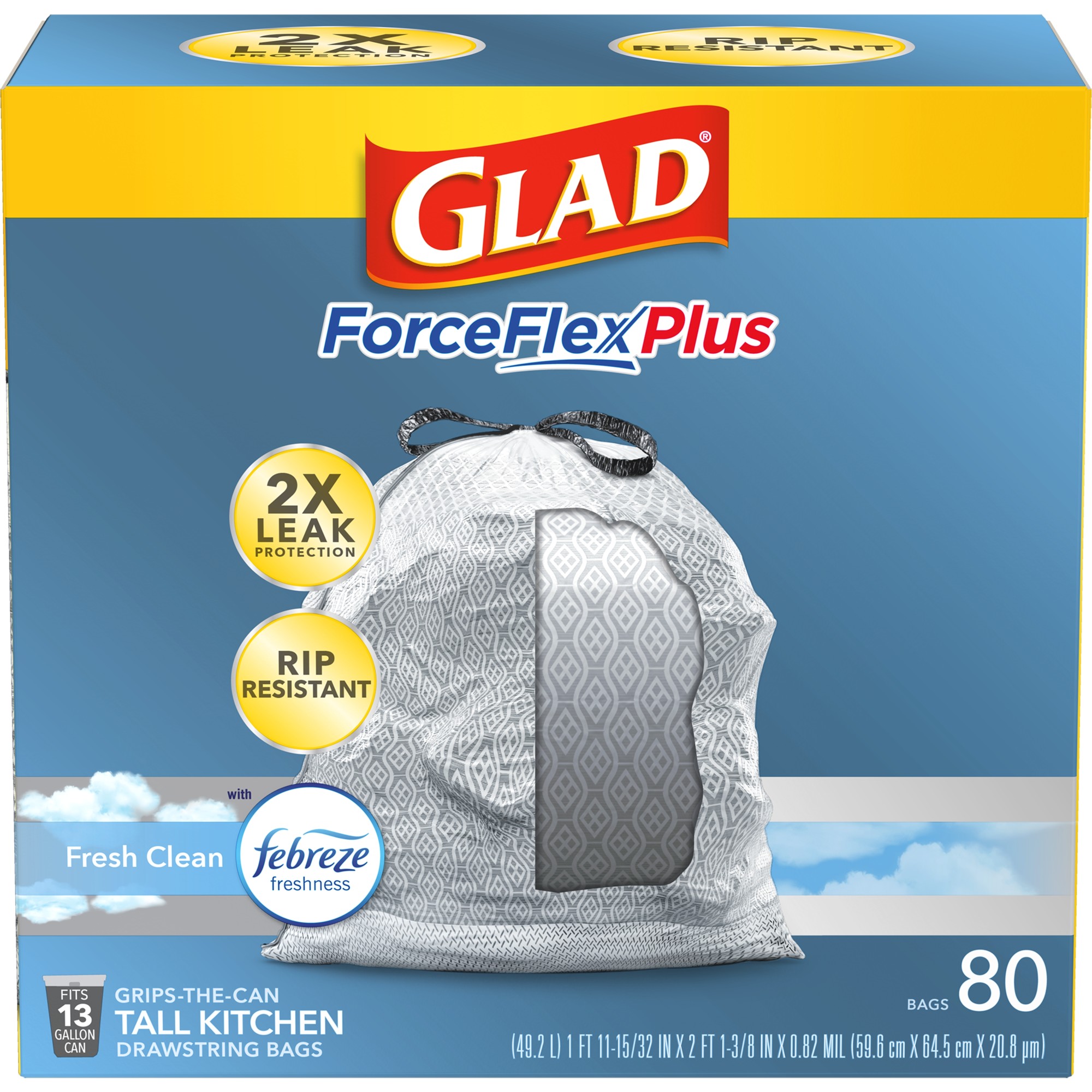 Order Glad ForceFlexPlus Tall Kitchen Drawstring Trash Bags - Fresh Clean with Febreze, 13 Gallon, 80 ct food online from Rite Aid store, READING on bringmethat.com