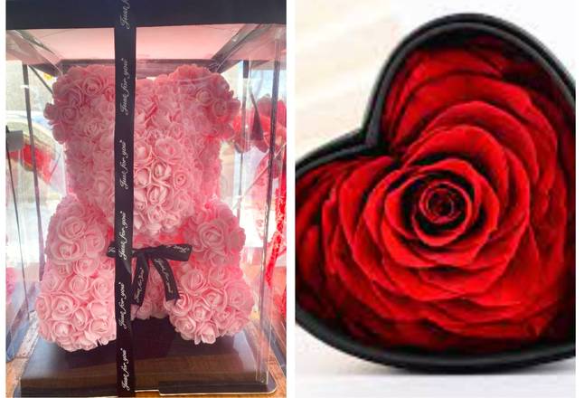 Order Big Rose bear with a infinity heart preserve rose than last 3 years  food online from Eugenia's Flowers 24/7 Flower Shop store, Northlake on bringmethat.com