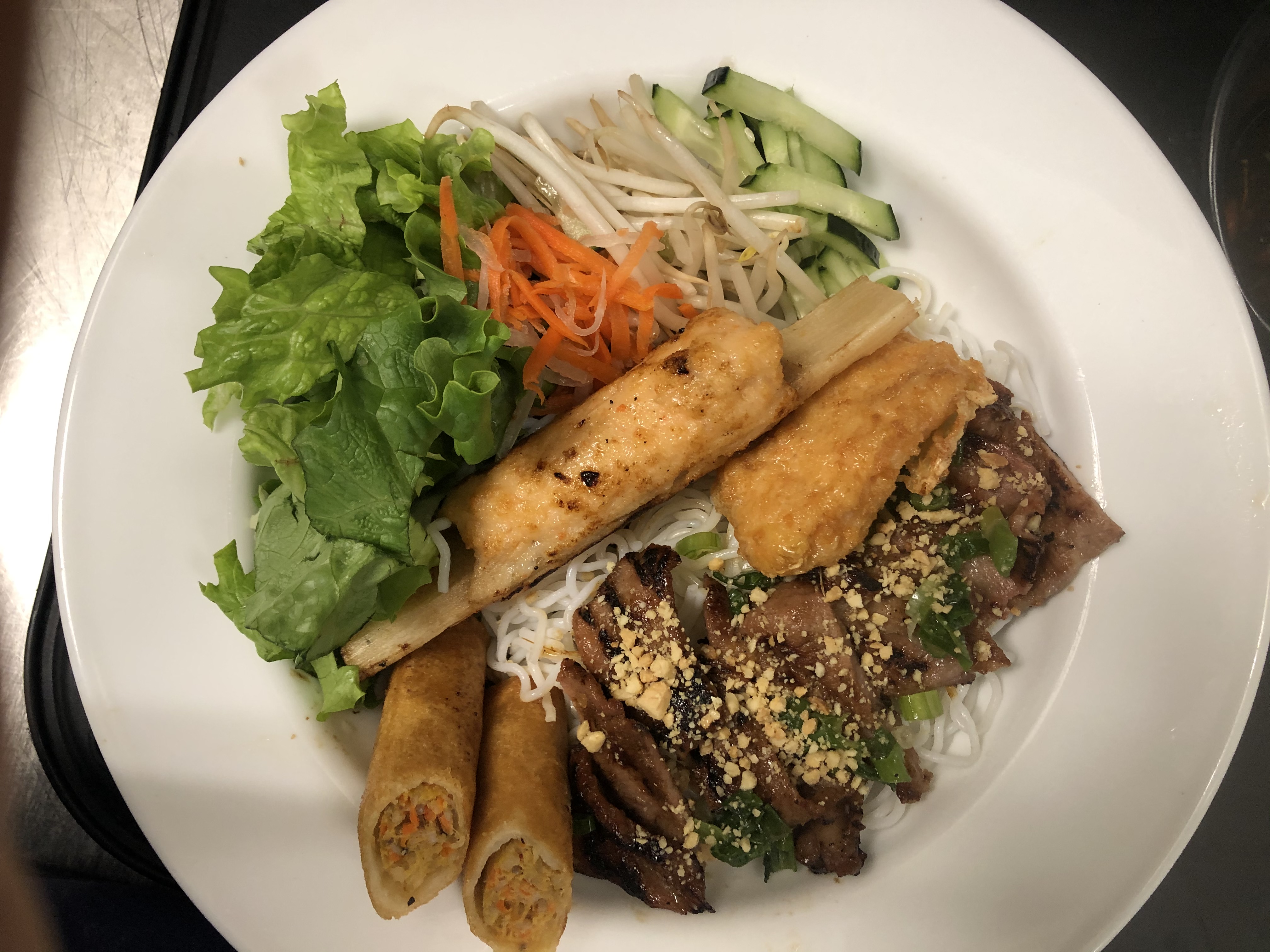 Order V9P - Vermicelli Charbroiled Pork, Shrimp Patty, Shrimp Bean Curd  & Egg Roll food online from Pho Amour store, Fontana on bringmethat.com