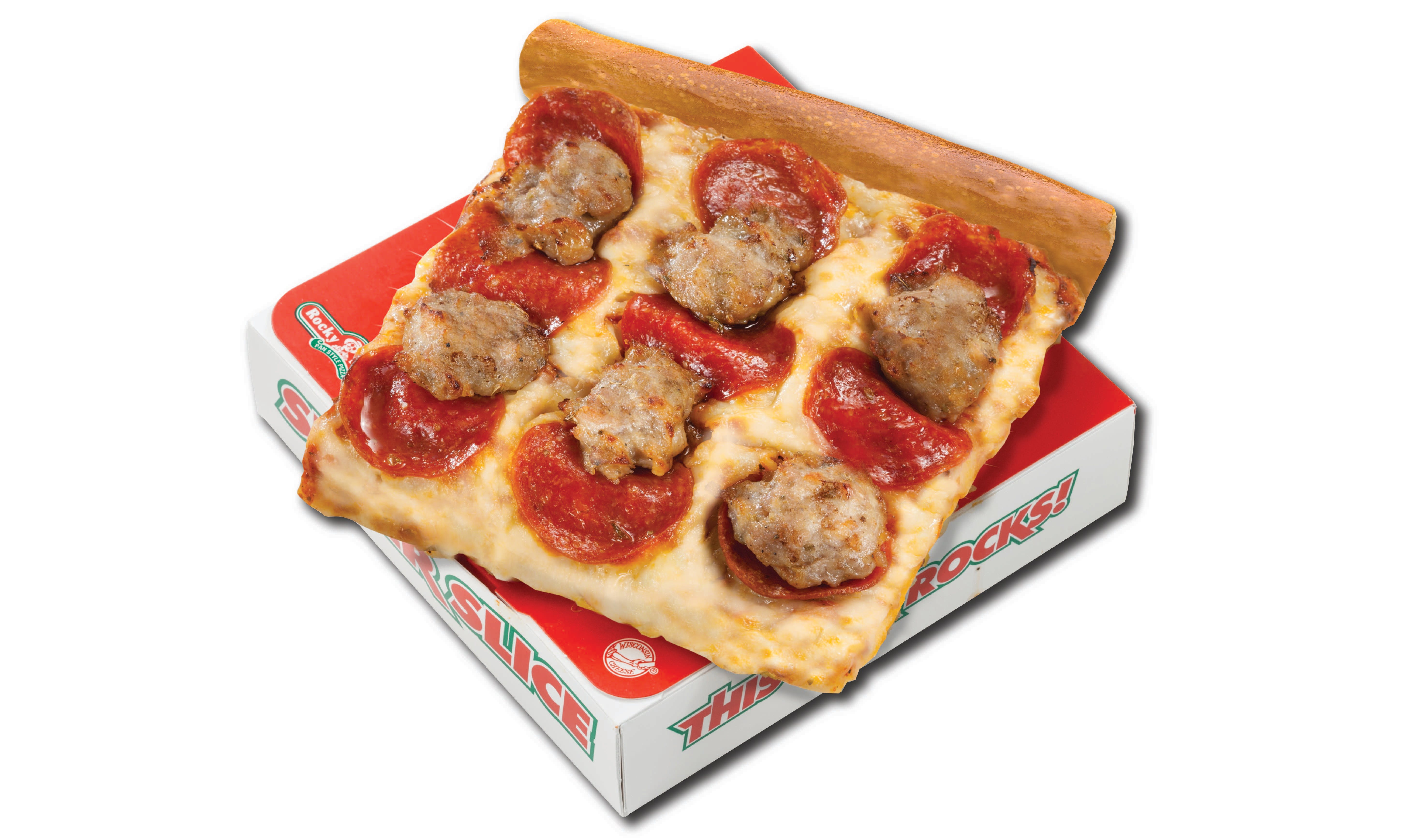 Order Sausage & Pepperoni Super Pizza Slice - 3/4 lb. food online from Rocky Rococo store, Wausau on bringmethat.com