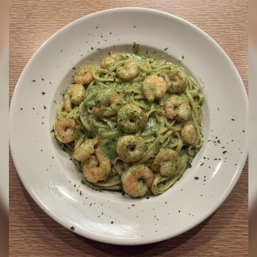 Order 11. Linguini Pesto with Shrimp - Pasta food online from Village Cafe & Pizza store, Los Angeles on bringmethat.com
