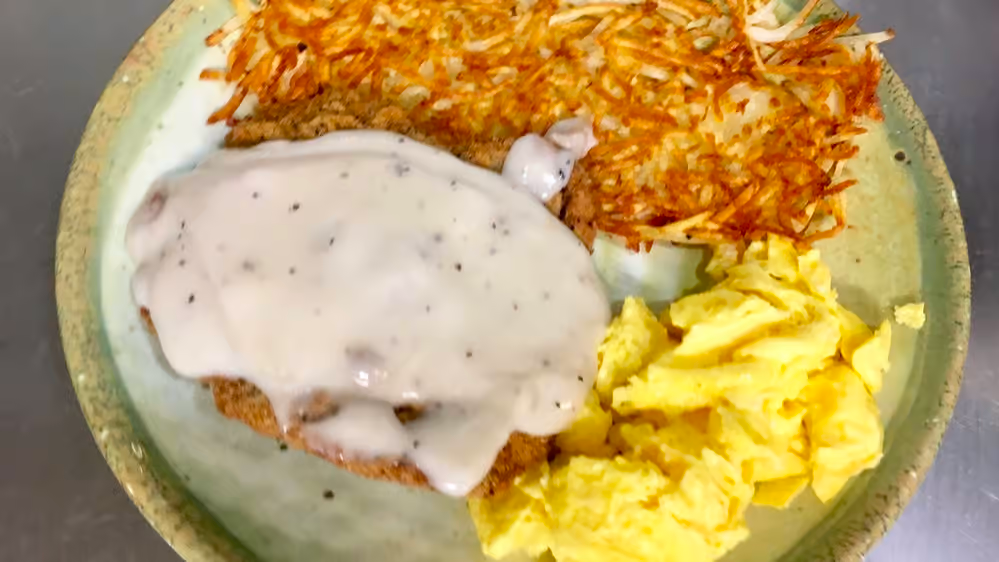 Order Huge Chicken Fried Steak & Eggs food online from Old Mill Eatery & Smokehouse store, Shasta Lake on bringmethat.com