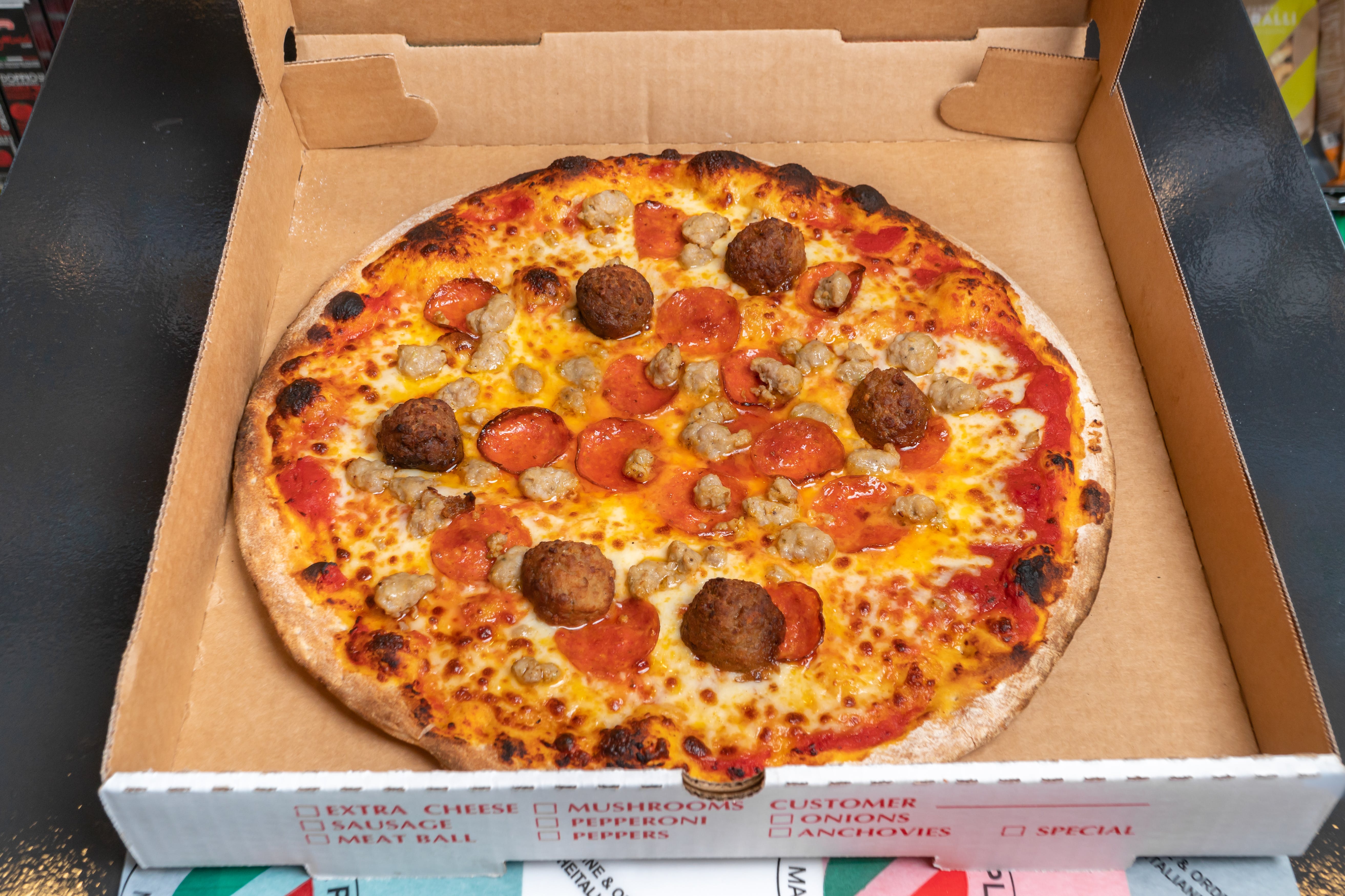 Order Meat Lovers Pizza - Mini 8" food online from The Italian Place store, Fairfax on bringmethat.com