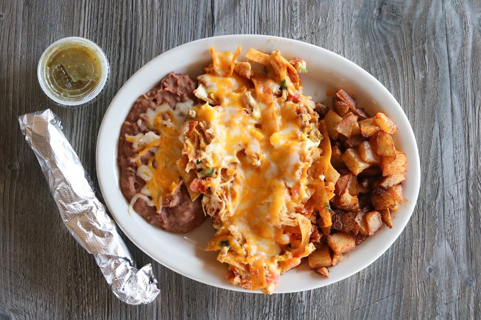 Order Chilaquiles food online from Fuzzy Taco Shop store, Cedar Hill on bringmethat.com