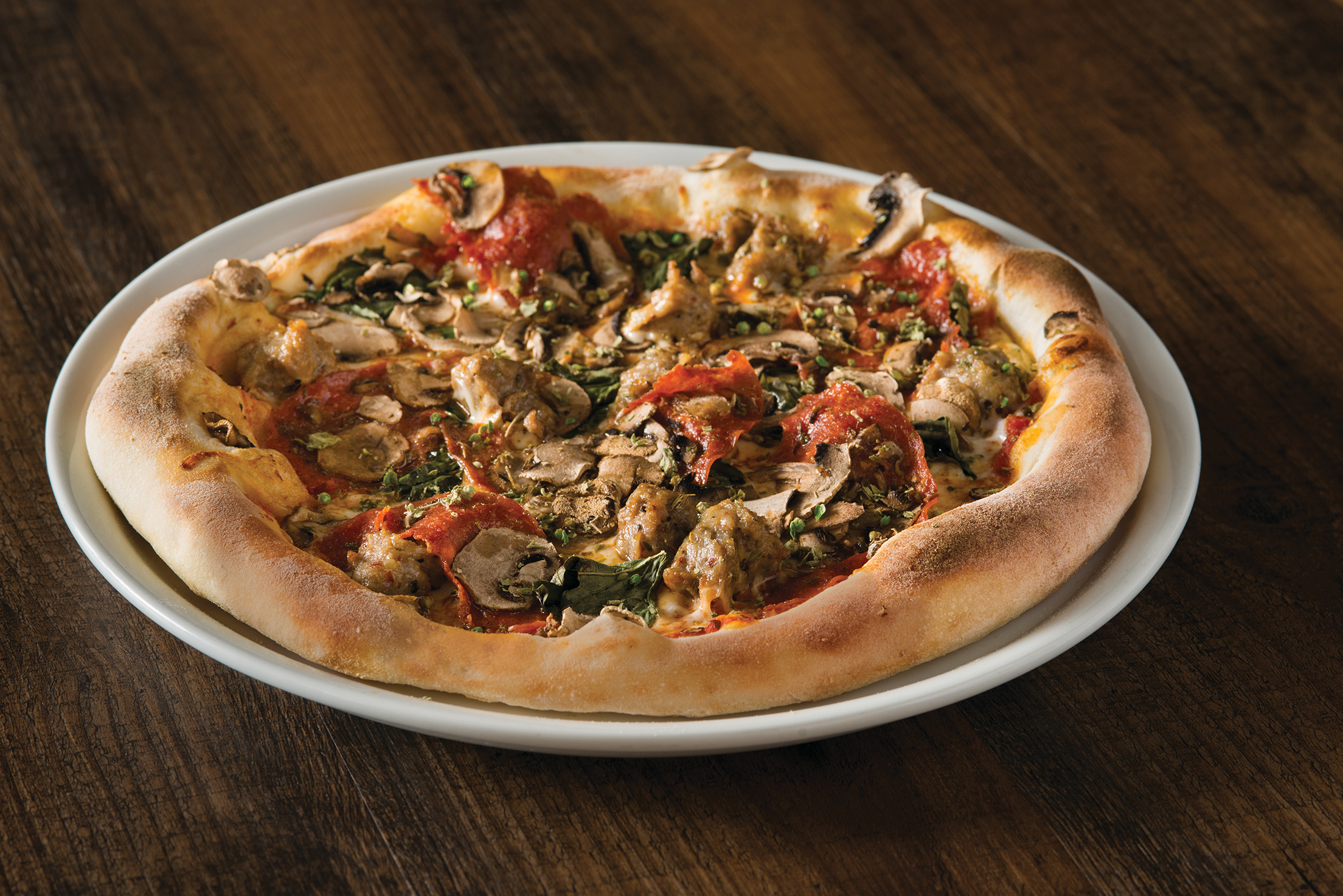 Order Mushroom Pepperoni Sausage Pizza food online from California Pizza Kitchen - River City Dr store, Jacksonville on bringmethat.com