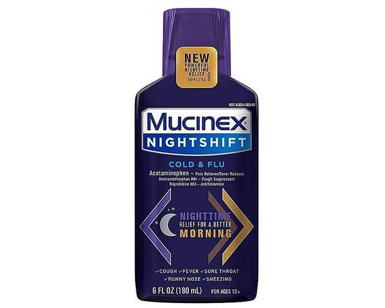 Order Mucinex Nightshift 6 oz. Cold & Fl u Liquid  food online from Pit Stop Liquor Mart store, El Monte on bringmethat.com