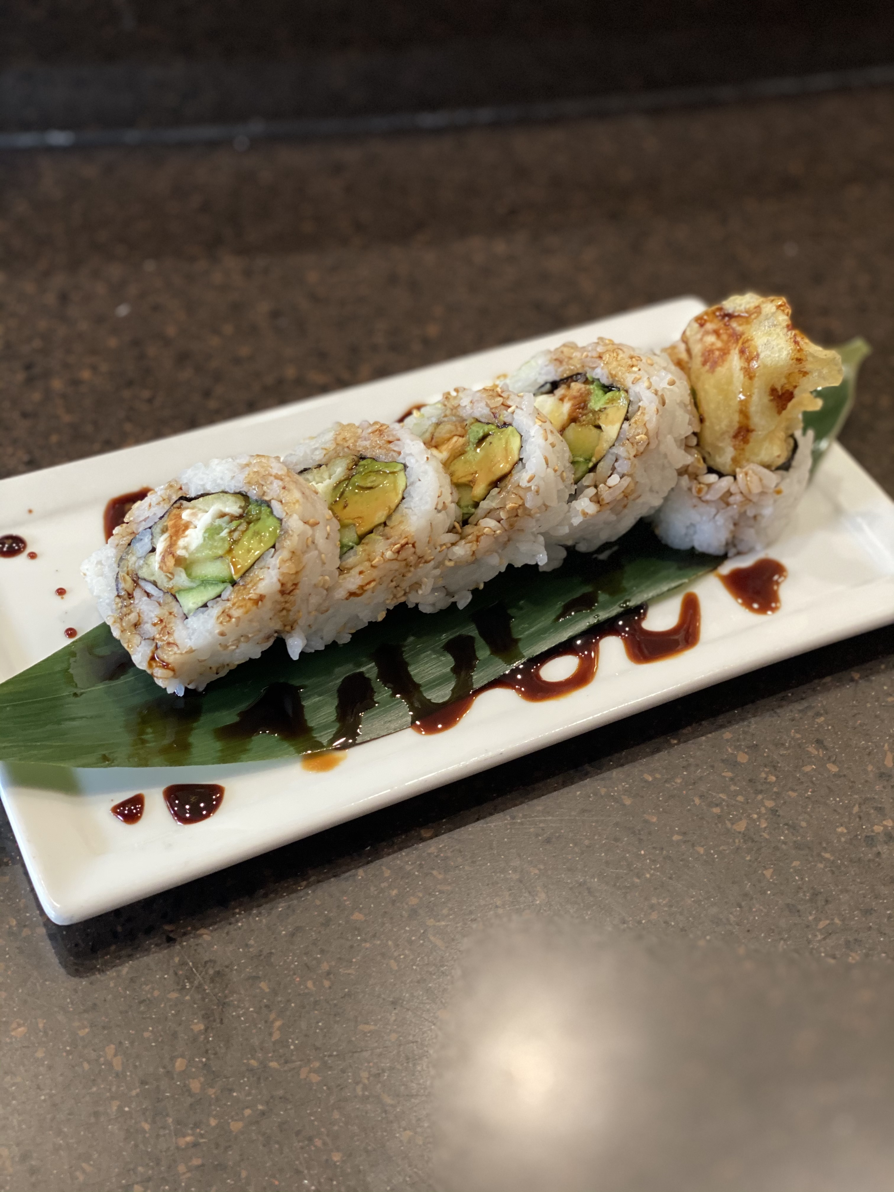 Order Halibut Tempura Roll food online from Kanpai Japanese Sushi Bar &amp; Gril store, Santa Monica on bringmethat.com