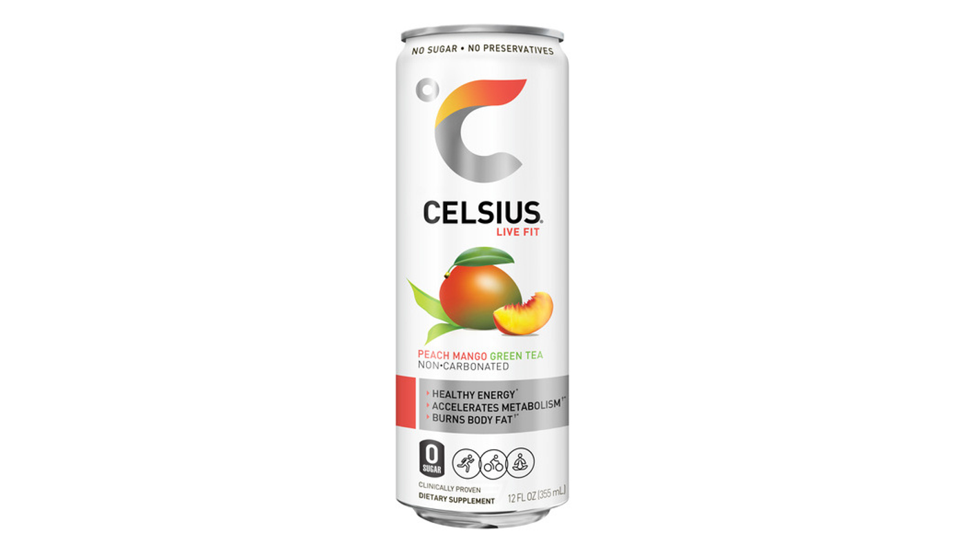 Order Celsius Peach Mango Green Tea 12oz Can food online from Golden Rule Liquor store, West Hollywood on bringmethat.com